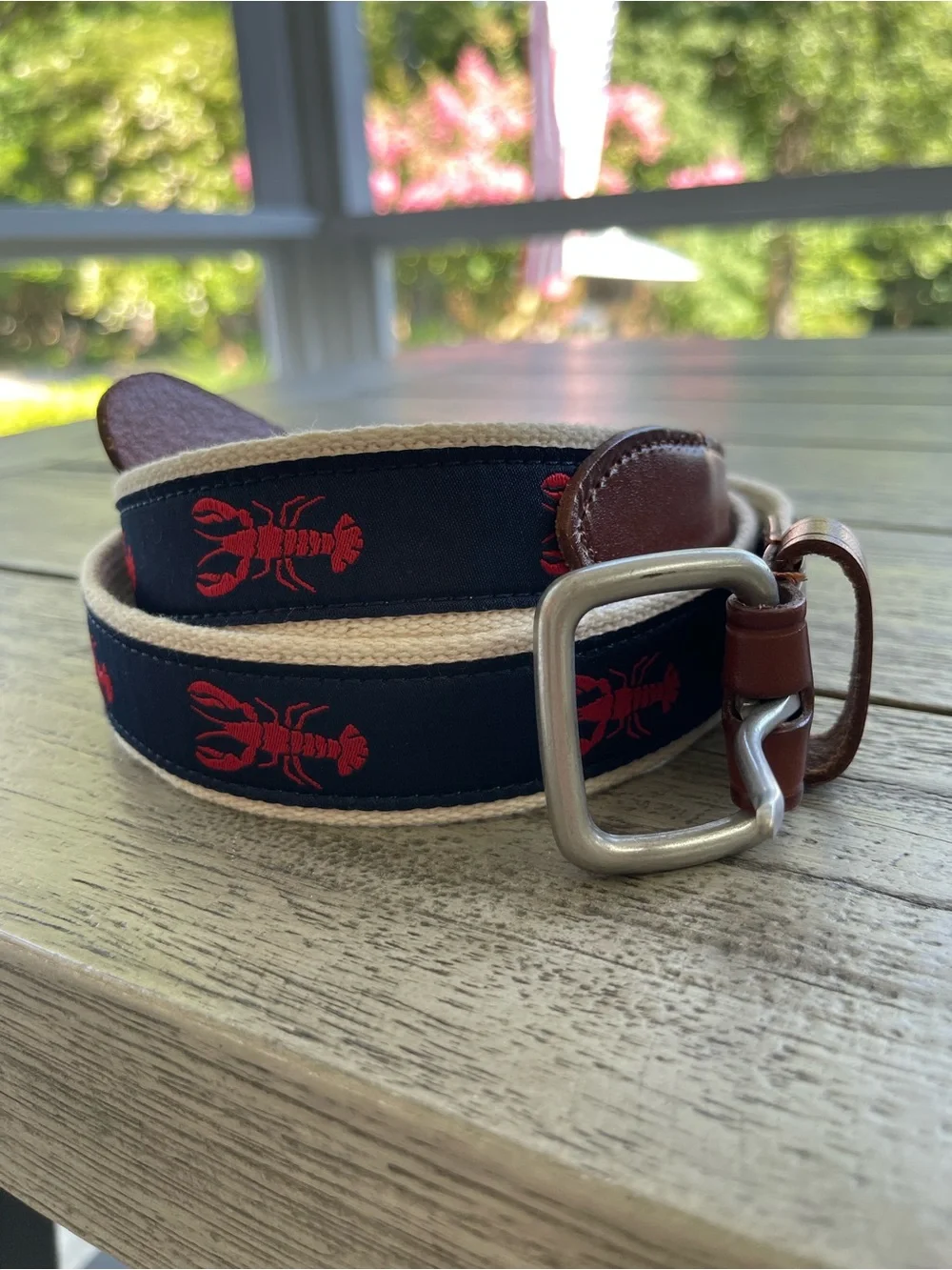 J Crew Navy Belt with Red Lobster Embroidery and Brown Leather Trim Size 36